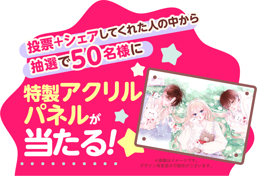 投票＋シェアしてくれた人の中から抽選で50名様に特製アクリルパネルが当たる！