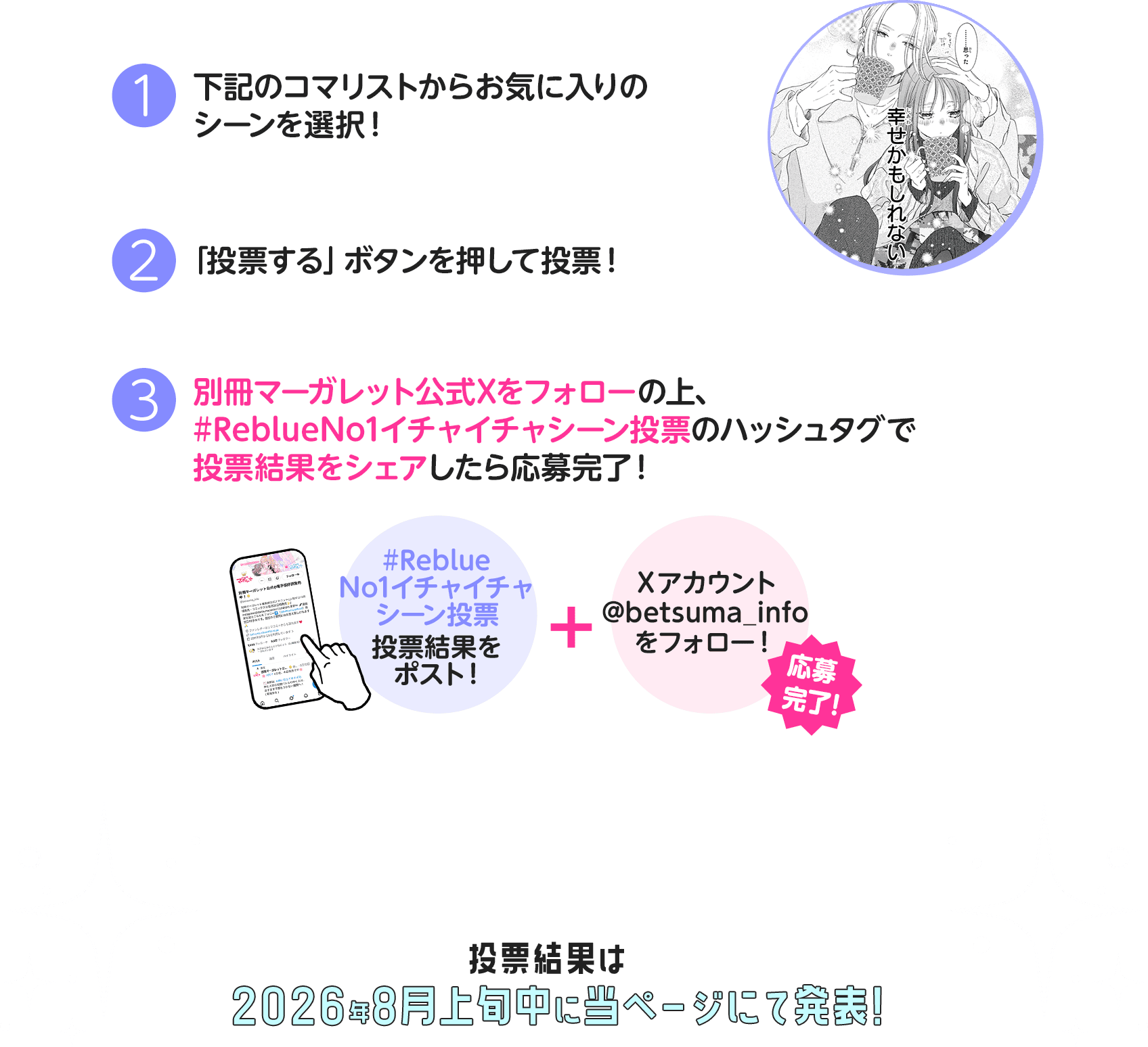 ①下記のコマリストからお気に入りのシーンを選択！②「投票する」ボタンを押して投票！③別冊マーガレット公式Xをフォローの上、#ReblueNo1イチャイチャシーン投票のハッシュタグで投票結果をシェアしたら応募完了！#ReblueNo1イチャイチャシーン投票のハッシュタグ投票結果をポスト！＋Xアカウント@betsuma_infoをフォロー！　応募完了！投票結果は2026年8月上旬中に当ページにて発表！